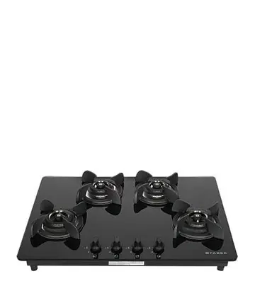 FABER Hob Ultima HT724 CRS BR CI AI – 4 Brass Burners with Toughened Black Glass Finish