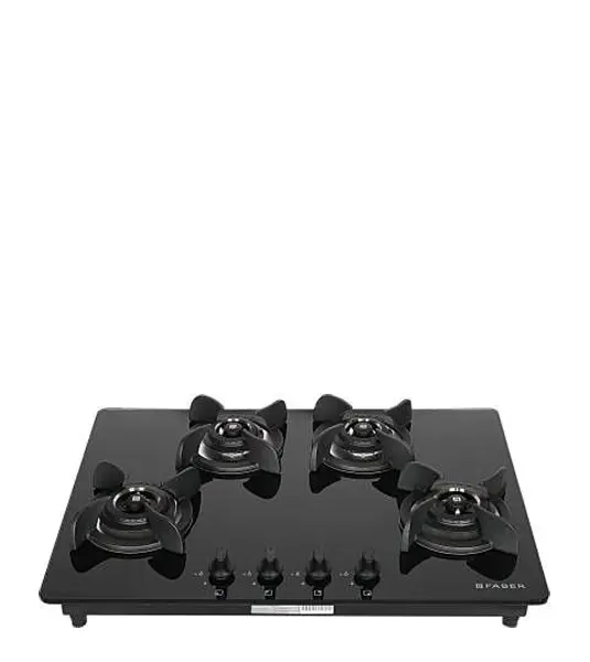 FABER Hob Ultima HT724 CRS BR CI AI – 4 Brass Burners with Toughened Black Glass Finish