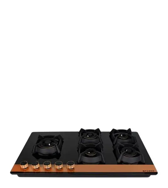 FABER Hob Utopia HT 905 BR CI – 5 Brass Burners with Toughened Black Glass Finish