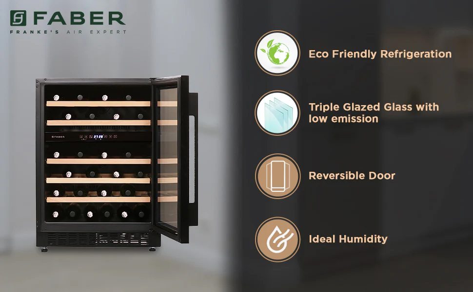 The reversible door of the Faber 46-bottle wine cooler lets you keep it wherever you want. The triple-glazed, low-emission glass offers UV protection without sacrificing energy.