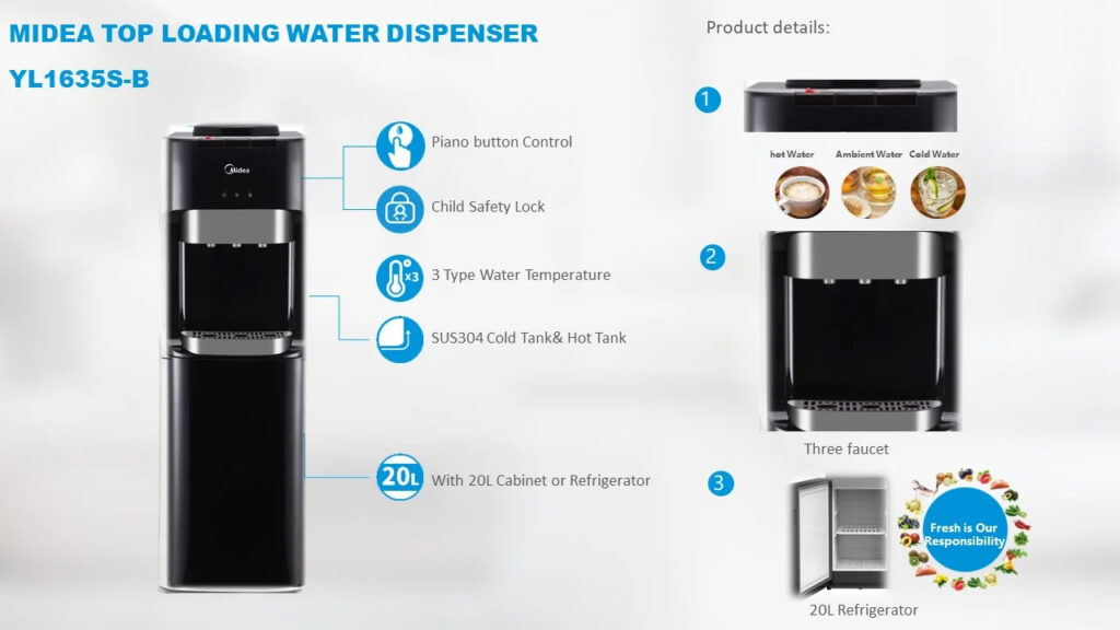 Midea Water Dispenser with 20L Refrigerator YL1635S-B _ Hot, Cold and Ambient